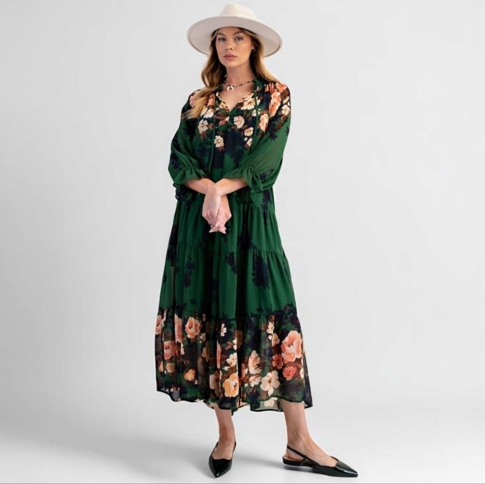 Easel Green Floral Print Long Sleeve Maxi Dress New